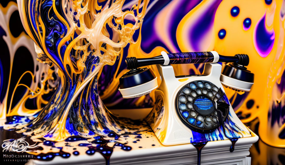 Colorful Abstract Paint Patterns on Retro Rotary Phone with Psychedelic Background