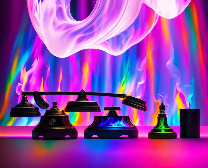 Vibrant vintage telephones melting under neon flame-like lights on abstract wavy background