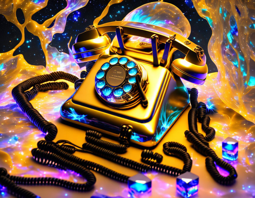 Vintage Golden Rotary Dial Telephone on Vibrant Neon Cosmic Background