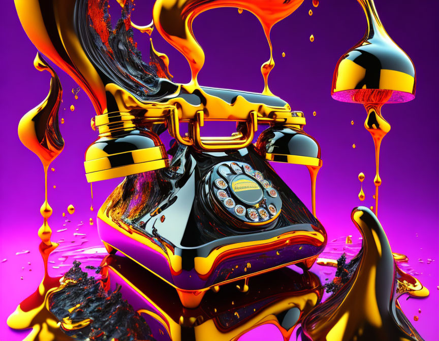 Colorful 3D illustration: Melting vintage rotary telephone with liquid droplets on purple background