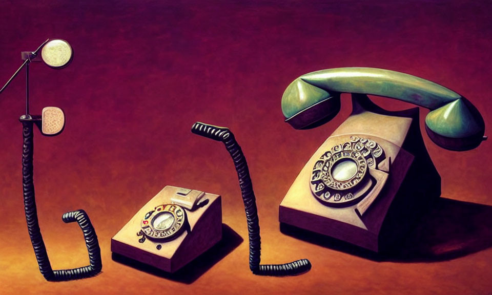 Vintage telephones with handsets and cords on warm, textured background