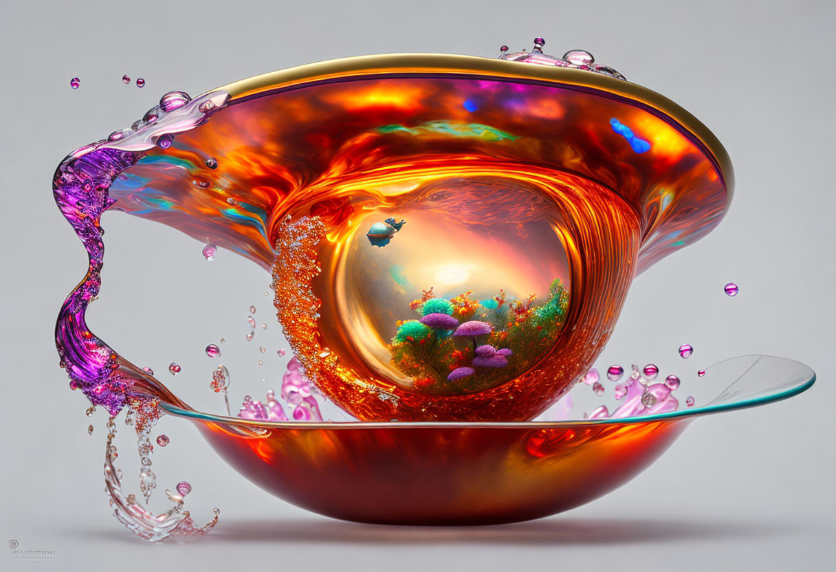 Colorful swirling liquid in transparent dish with bubbles