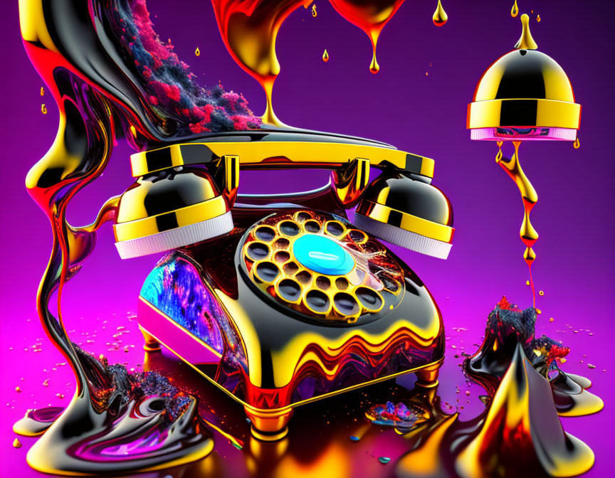 Colorful Surreal Rotary Phone Artwork on Purple Background