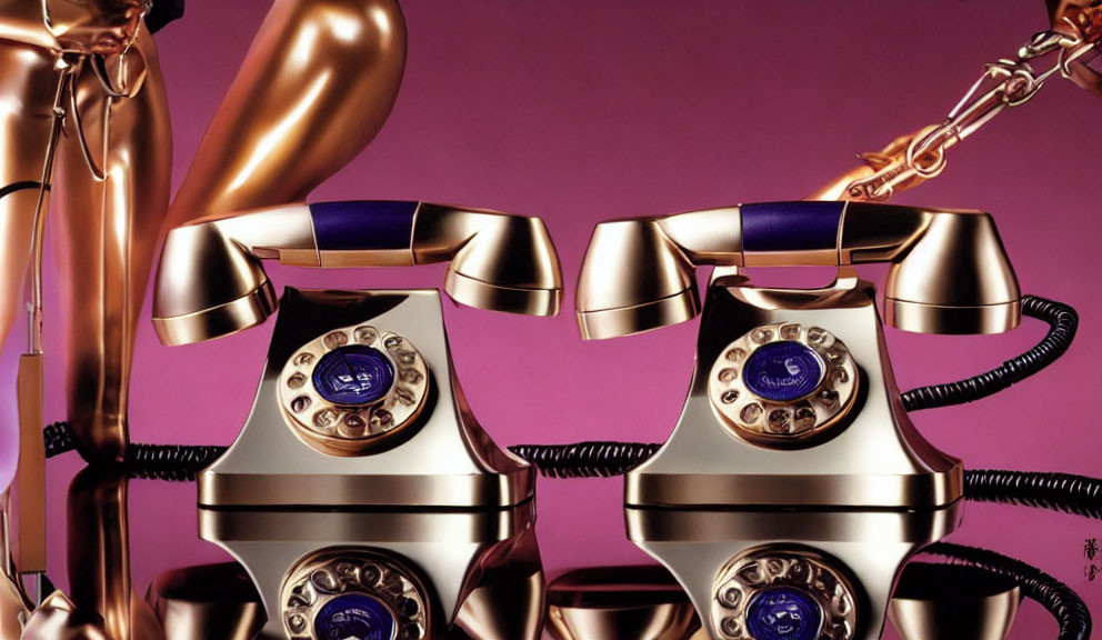 Vintage Gold and White Rotary Dial Telephones with Off-Hook Handsets