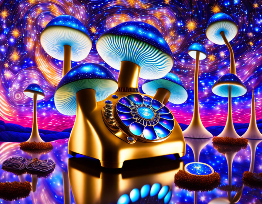 Colorful Psychedelic Artwork with Glowing Mushrooms and Retro Telephone