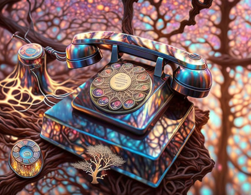 Vintage Rotary Phone with Iridescent Finish on Wood Surface and Colorful Fantasy Backdrop