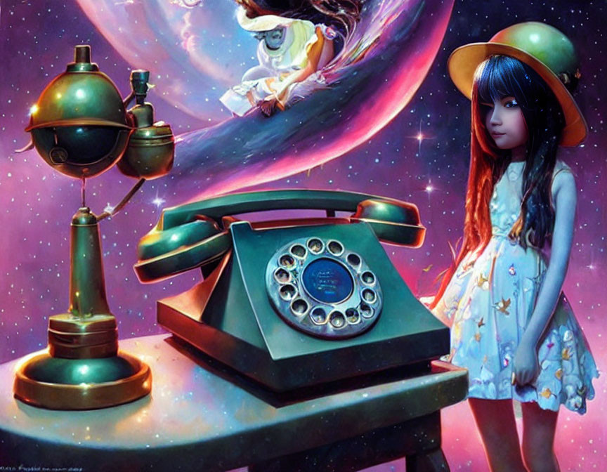 Young girl with blue hair by vintage telephone in cosmic setting
