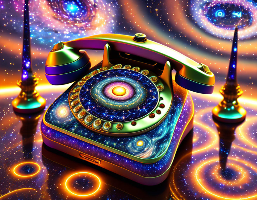 Colorful Cosmic-Themed Rotary Phone Illustration with Galaxy Pattern