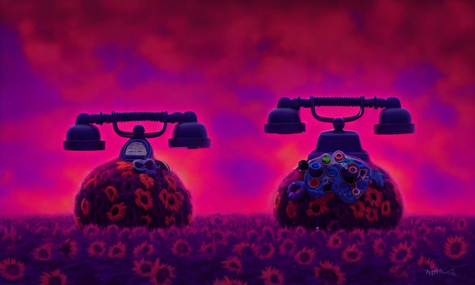 Vintage telephones on floral bases against surreal purple backdrop with fluffy clouds.