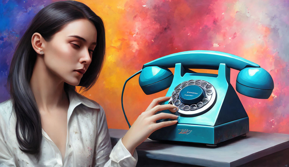 Dark-haired woman in white shirt near vintage turquoise rotary phone against vibrant backdrop.