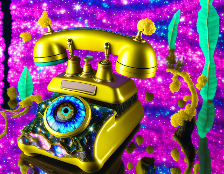 Golden Eye Telephone on Glittering Purple Background