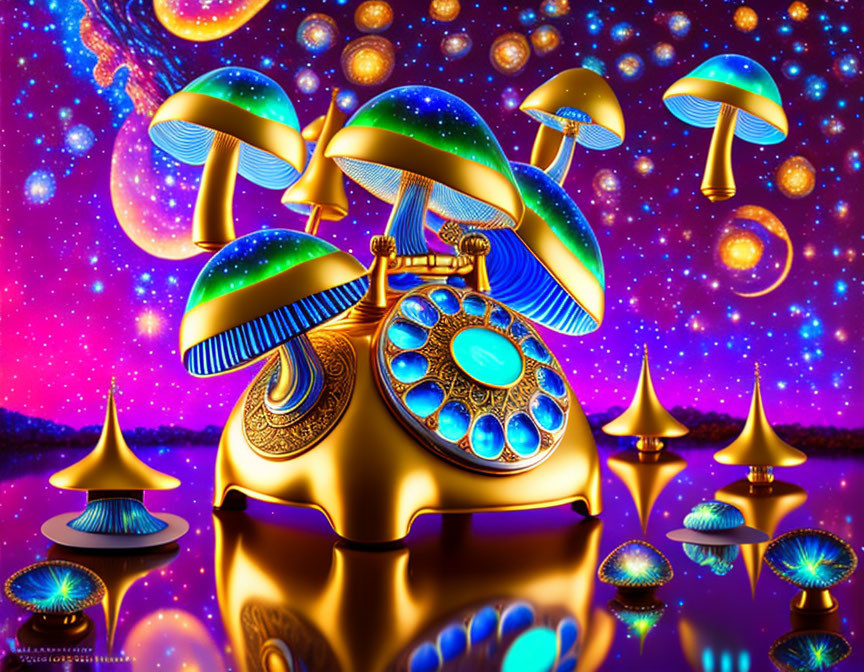 Colorful Psychedelic Artwork: Golden Vintage Telephone & Mushroom Cap Designs
