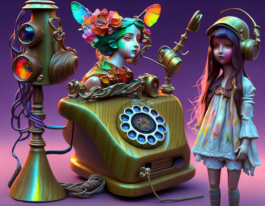 Colorful vintage telephone illustration with floral figure and doll-like character.