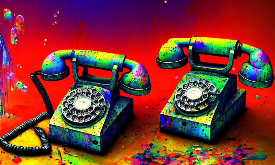Colorful Vintage Rotary Phones Amidst Dynamic Paint Splatters