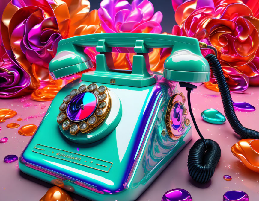 Colorful Vintage Telephone with Metallic Flowers and Liquid Splatters