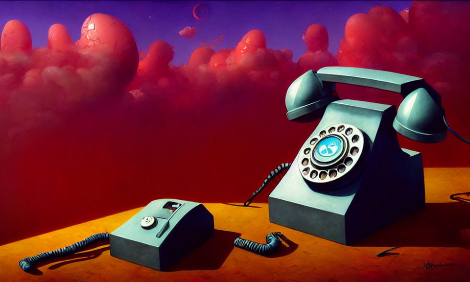 Surreal artwork of vintage telephones under red sky