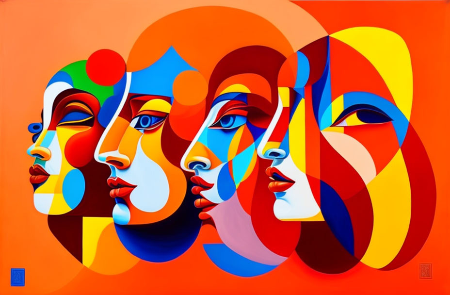 Colorful Abstract Painting: Four Faces with Geometric Shapes