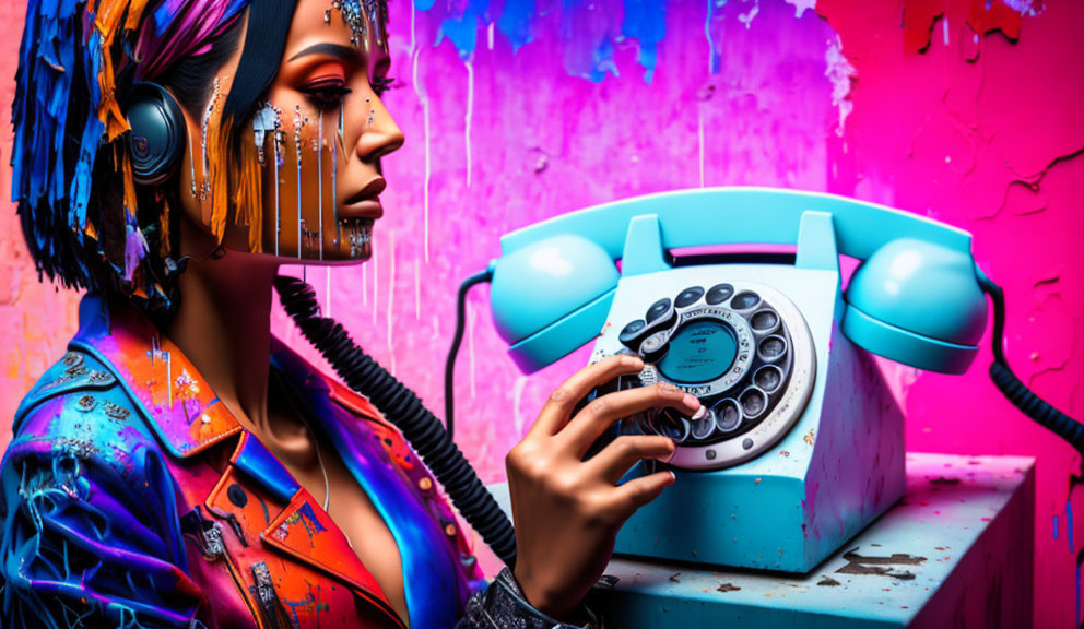 Vibrant portrait with futuristic makeup and headphones on colorful background