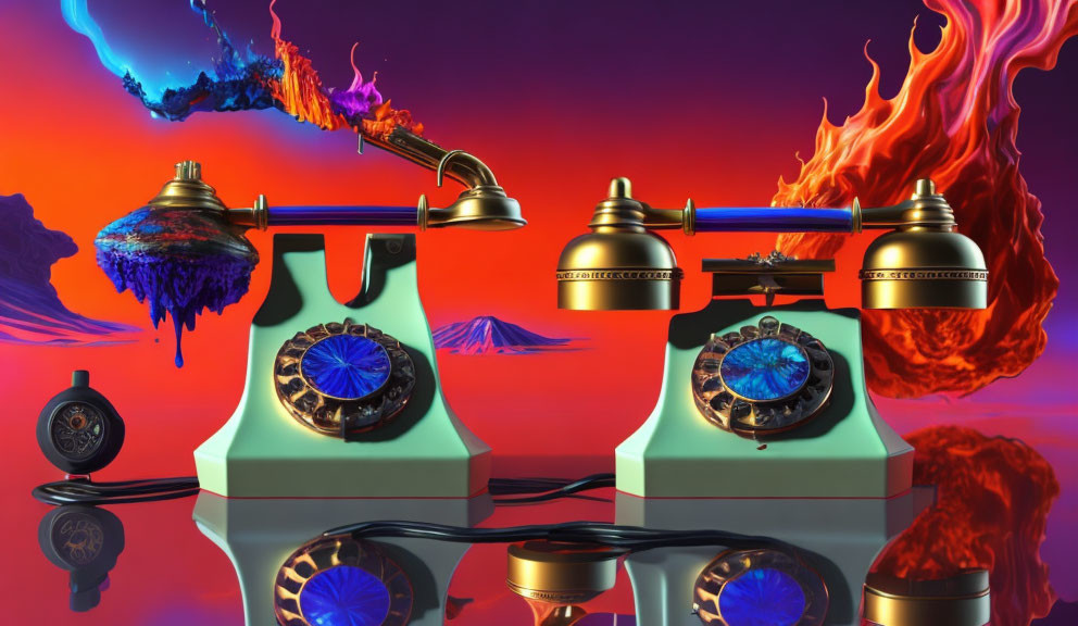 Surreal vintage phones with blue flames and fiery & icy elements on reflective surface