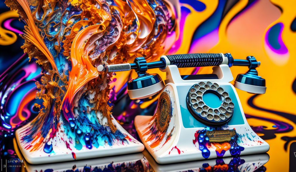 Colorful Psychedelic Artwork: Vintage Telephone Melting into Patterns