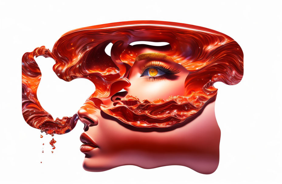 Vibrant red and orange tones in abstract female face profile with flowing hair