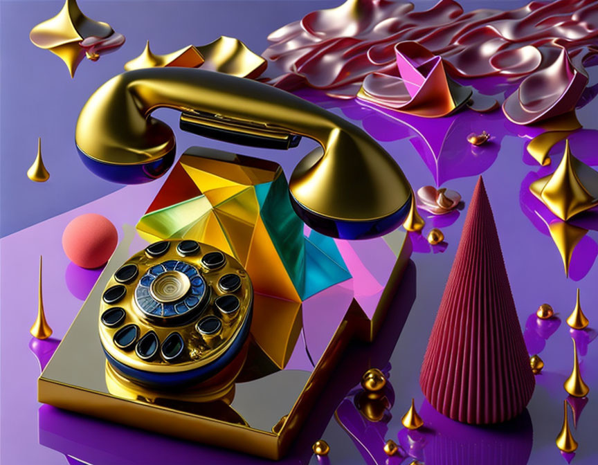 Colorful Retro Rotary Phone on Purple Surface with Abstract Shapes