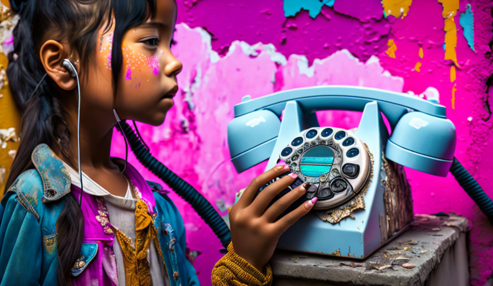 Young girl with earbuds listening to vintage blue rotary phone in vibrant paint setting