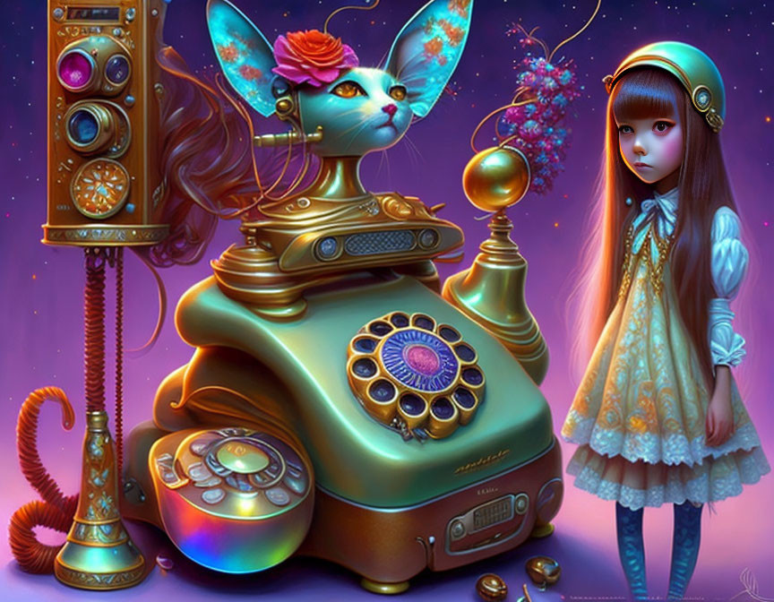 Whimsical illustration of girl, cat, and butterfly on antique phone