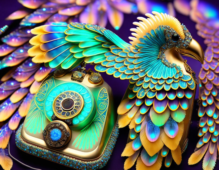 Colorful Bird-Shaped Phone with Jeweled Feathers in Blue, Green, and Gold