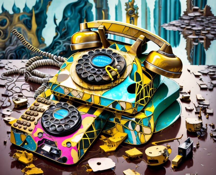 Surrealist artwork with intertwined rotary phones and melting elements