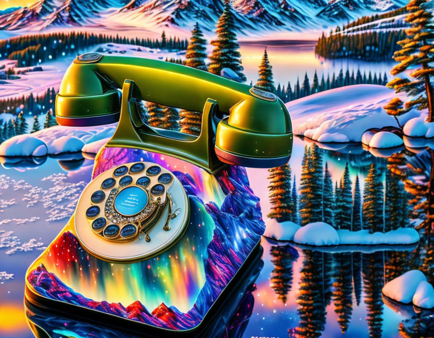 Colorful Vintage Rotary Phone with Aurora-Inspired Patterns on Snowy Mountain Landscape