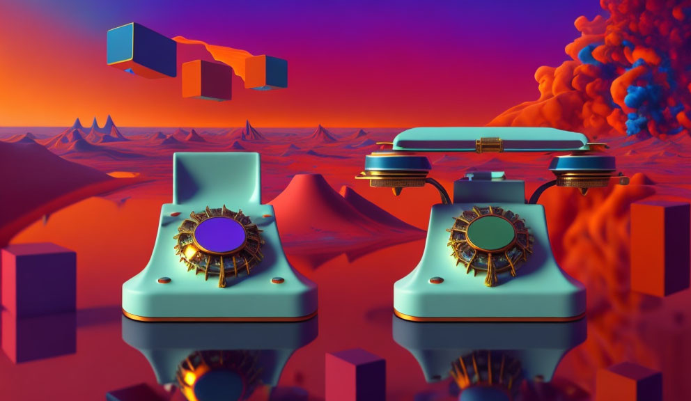 Colorful Surreal Landscape with Vintage Rotary Phones & Geometric Shapes