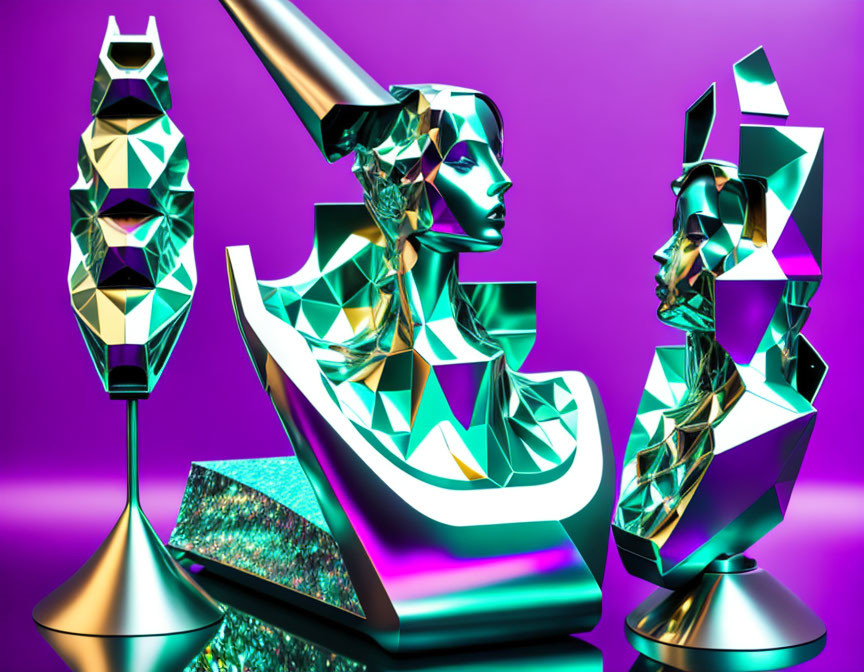 Vivid purple background with metallic green accents and fragmented crystalline humanoid shapes