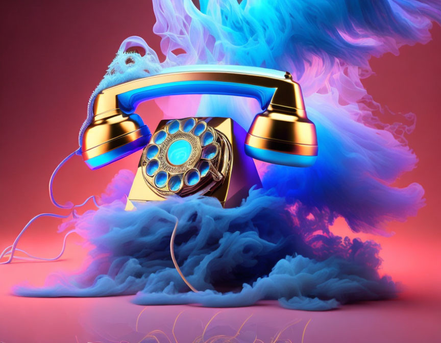 Vintage Telephone with Gold Accents Floating in Dynamic Blue and Purple Smoke on Pink Background