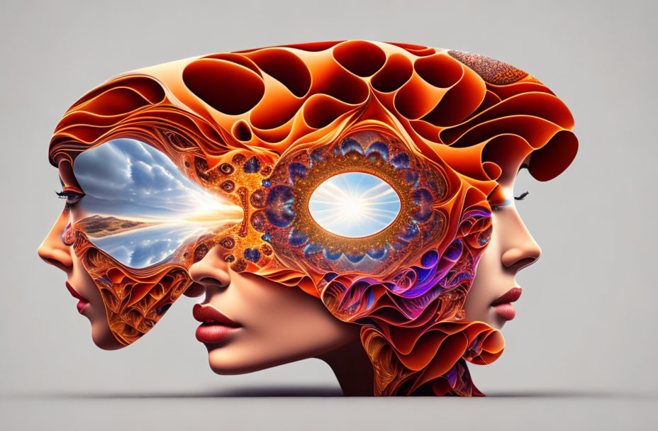 Vibrant surreal illustration of human profiles with fractal brain structures