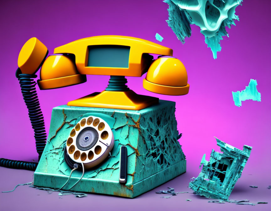 Vintage Yellow Rotary Dial Phone on Turquoise Base Against Purple Background