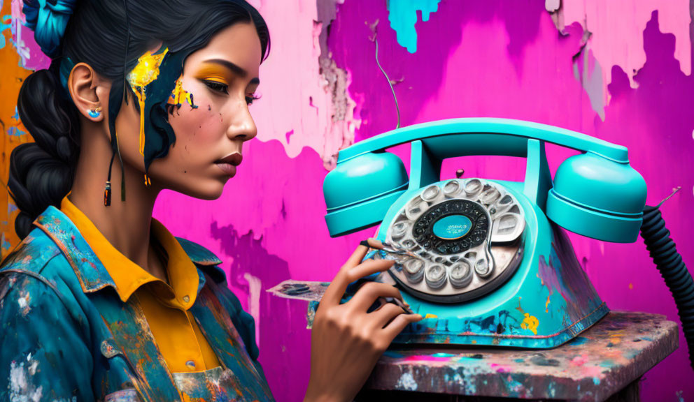 Woman with artistic makeup posing with vintage rotary dial telephone on vibrant pink and purple wall