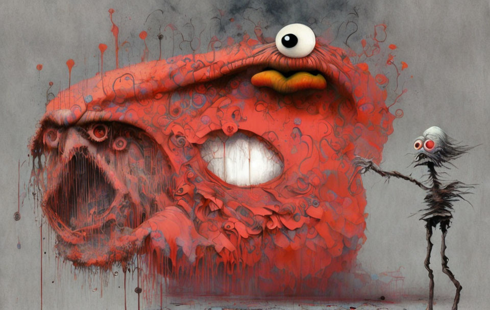 Surreal Artwork: Large Red Creature with Tentacles and Small Being on Grey Background