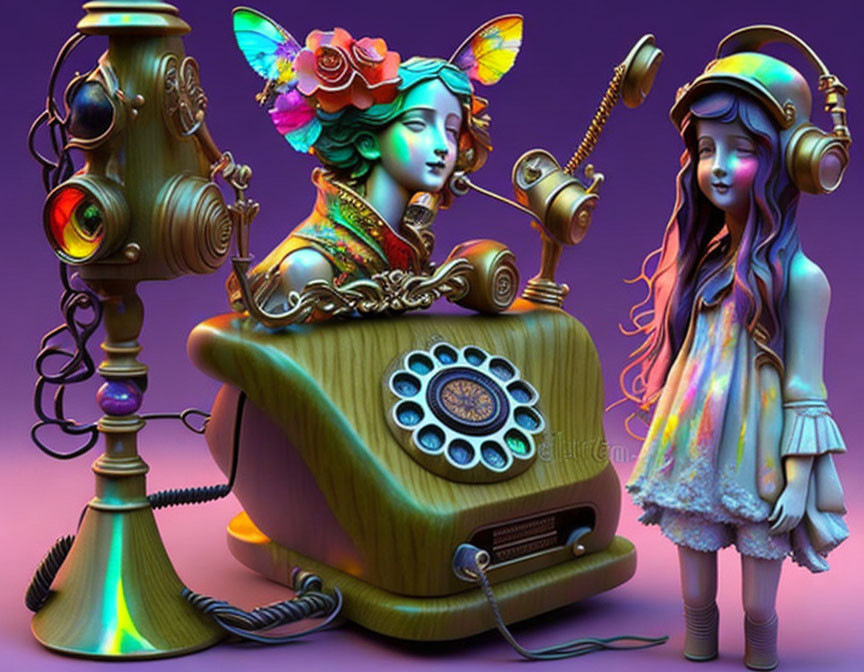 Whimsical artwork of vintage telephone and girl with vibrant colors