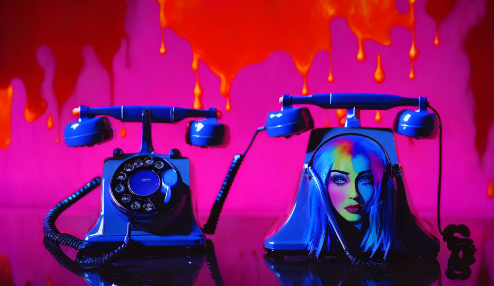 Vintage phones with melting pink wax and graphic of woman's face on vibrant backdrop