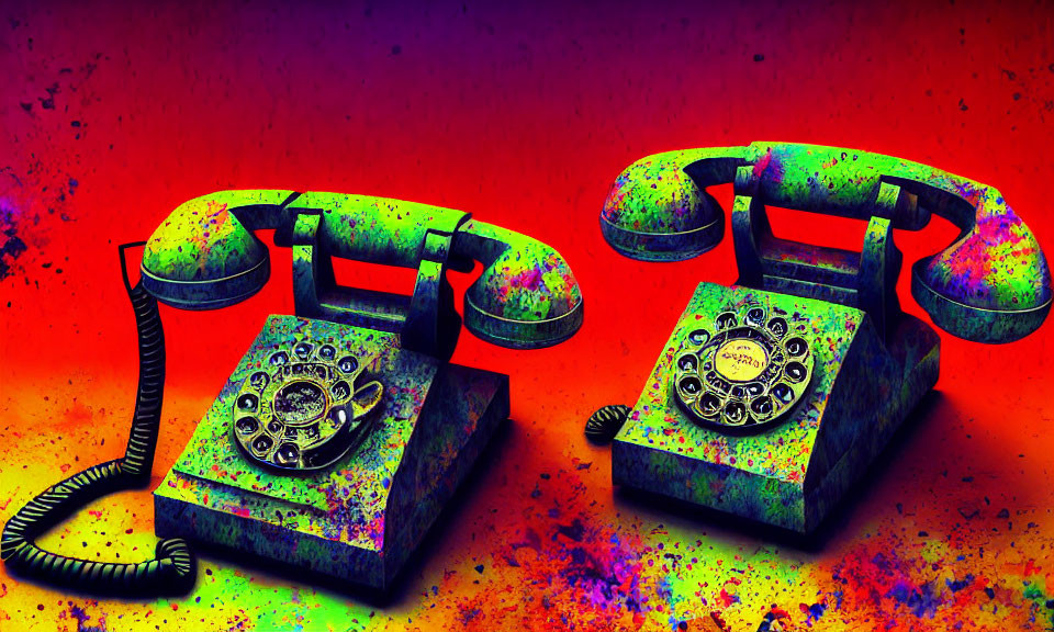 Colorful Psychedelic Vintage Rotary Dial Telephones on Vibrant Background