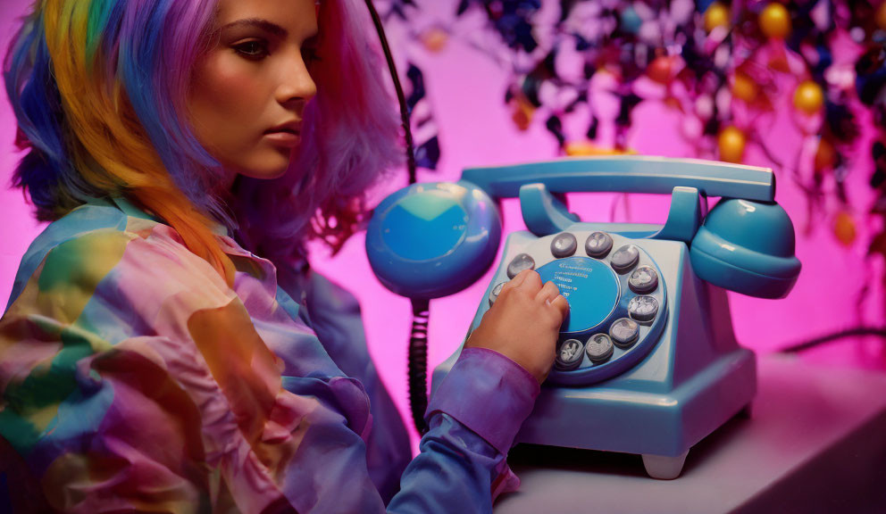 Rainbow-haired person with vintage blue rotary phone in pink and purple setting