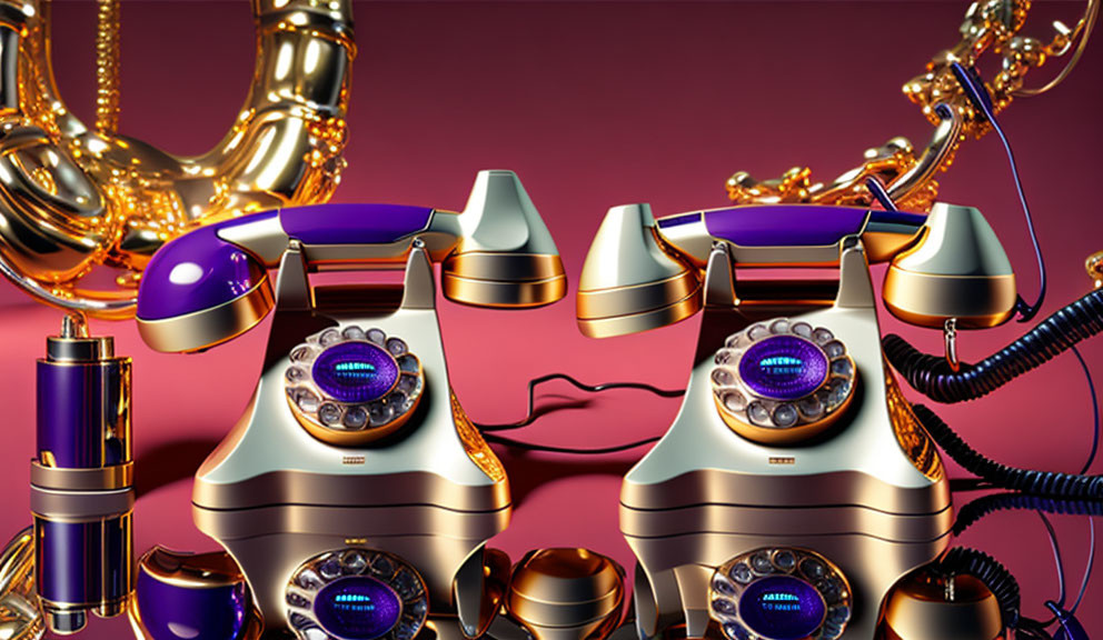 Vintage Gold and Purple Rotary Telephones on Luxurious Abstract Background