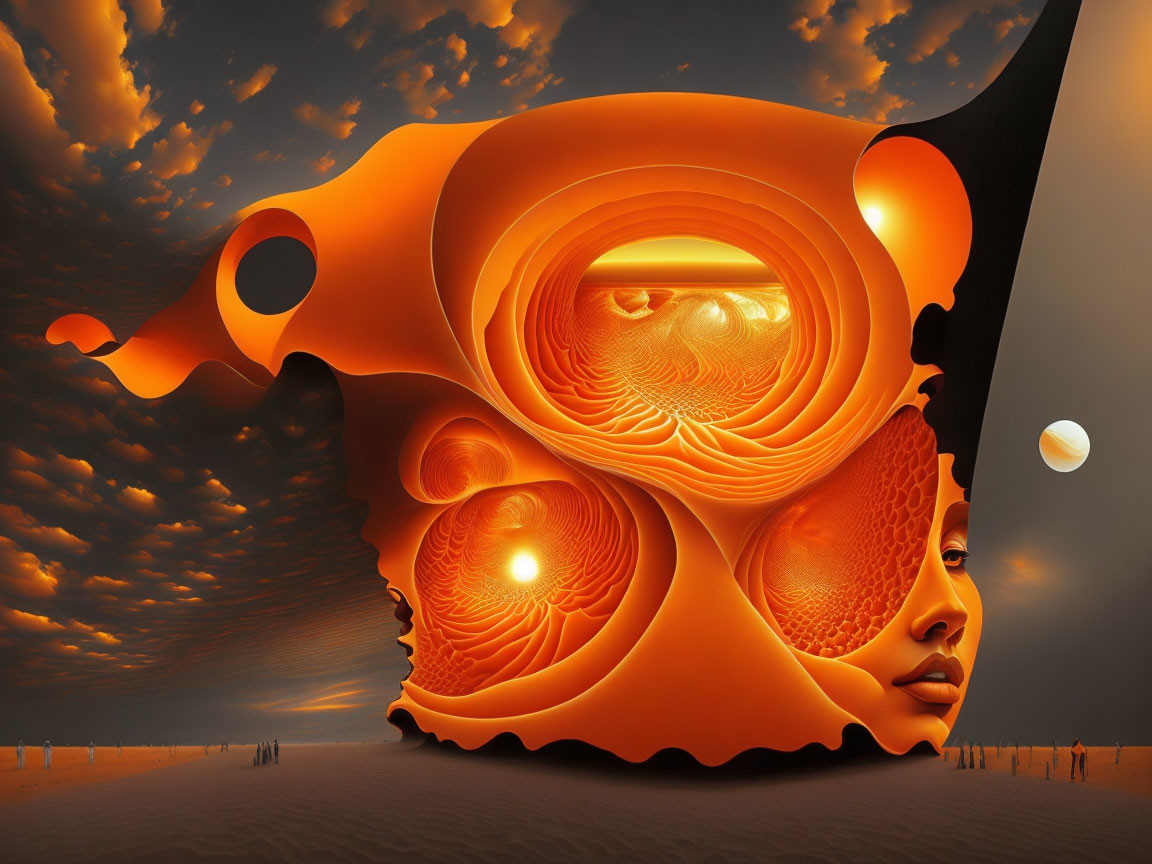 Abstract digital artwork: orange swirling structure with face-like formations under cloudy sky and visible moon.
