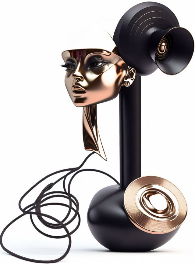 Surreal artwork featuring female figure with golden visage and black headphones on white background