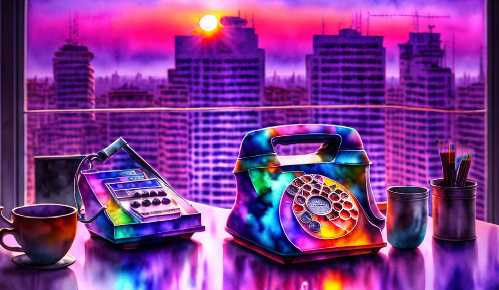 Colorful art-style image: rotary phone, cash register, mug, and pen holder on table with