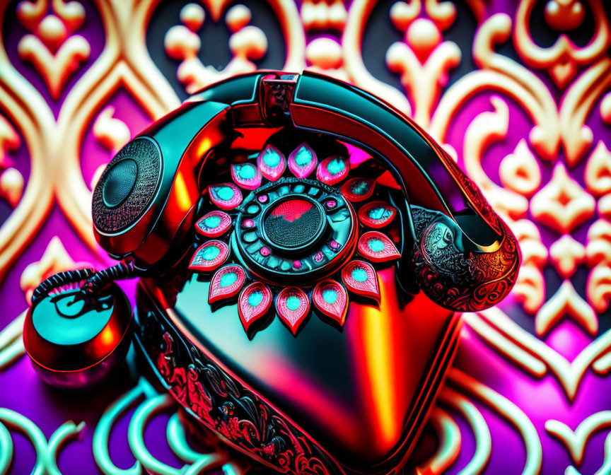 Colorful Vintage Telephone on Psychedelic Swirly Background