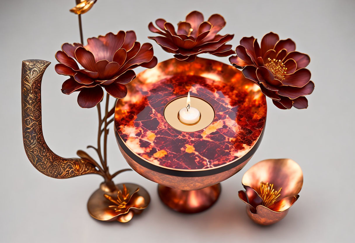 Floral Design Candle Holder with Lit Candle in Copper Bowl