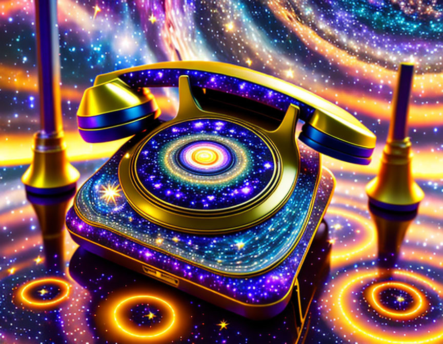 Cosmic-themed vintage telephone with galaxy patterns on starry backdrop