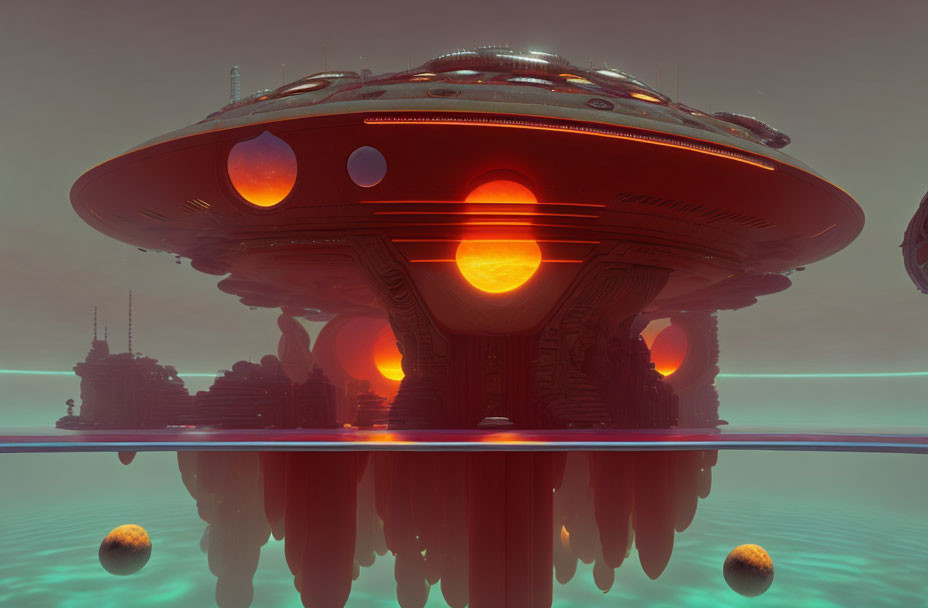 Futuristic city with UFO-like structures on reflective surface under orange sky
